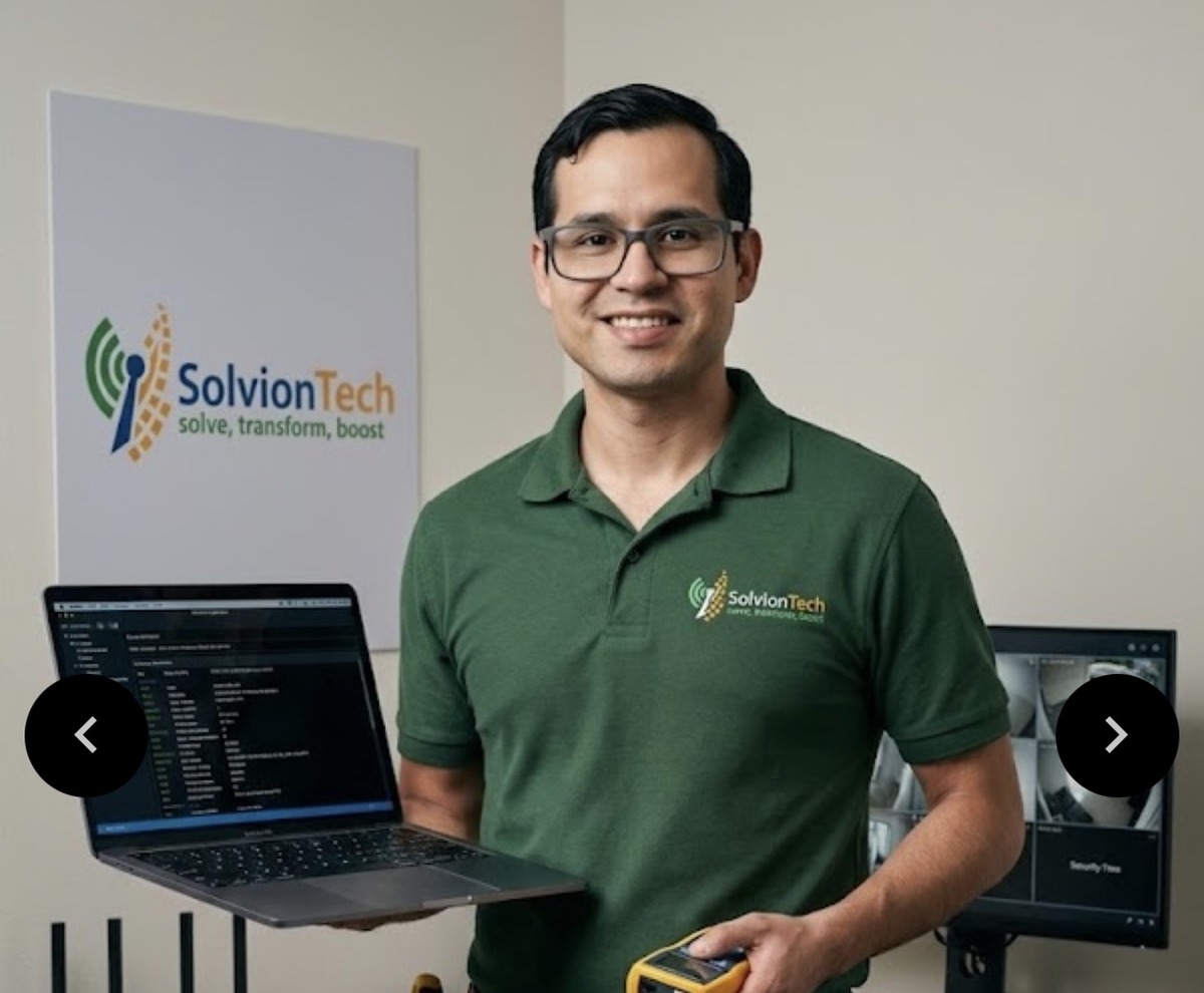 José Fernandes, SolvionTech technician, working on a network setup